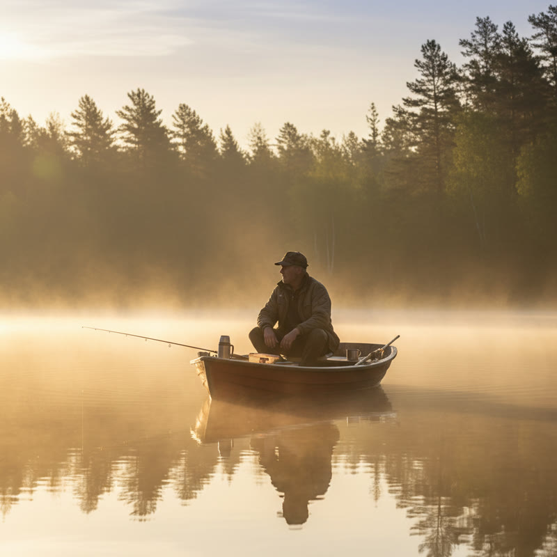 A lone fisherman sitting in a small wooden boat at dawn on a misty lake