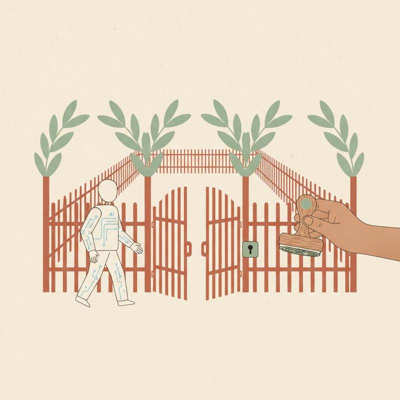 An AI figure walking through a fenced corridor of gates, a human hand holding an approval stamp at the final gate