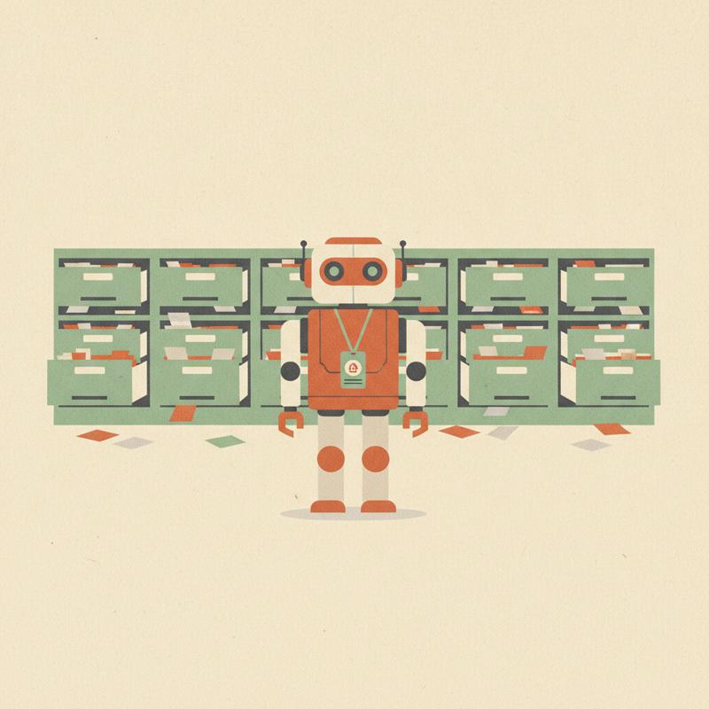 Robot office worker wearing a company keycard, standing in front of filing cabinets with every drawer left open