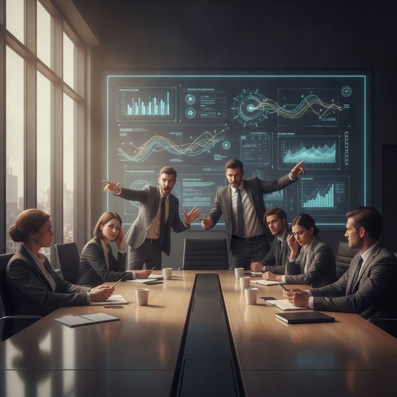 Executives at a boardroom presentation, pointing at AI dashboards while the rest of the team looks confused and disengaged