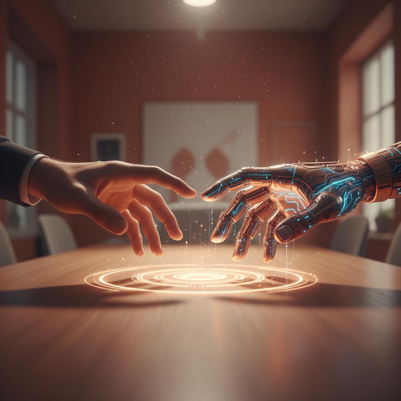 Human and robotic hands reaching toward each other across a desk, symbolizing the partnership between people and AI