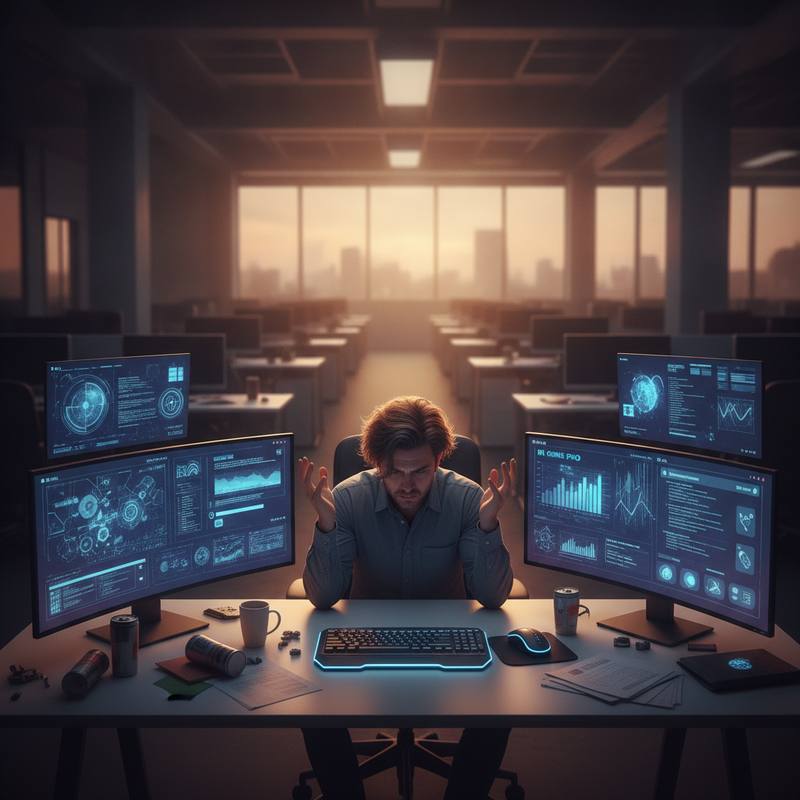A worker surrounded by AI tool interfaces on multiple monitors, looking overwhelmed with no support nearby