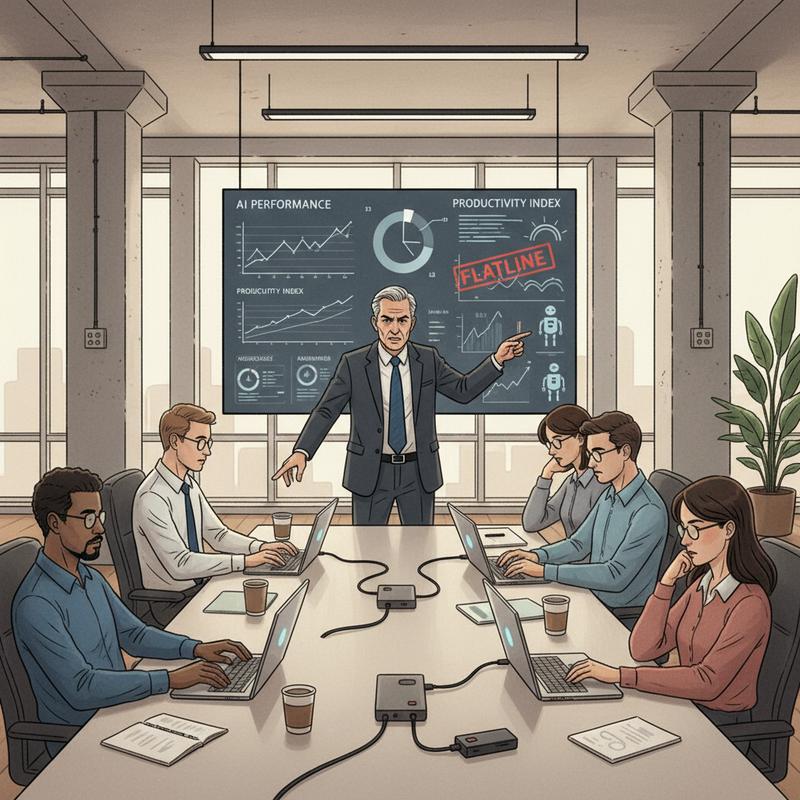 A business executive points at a flat AI performance dashboard while his team sits disengaged around the table