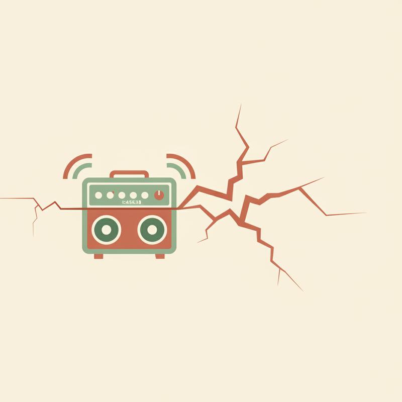Illustration of a small crack in a wall feeding into a large vintage amplifier and emerging as a huge jagged fracture