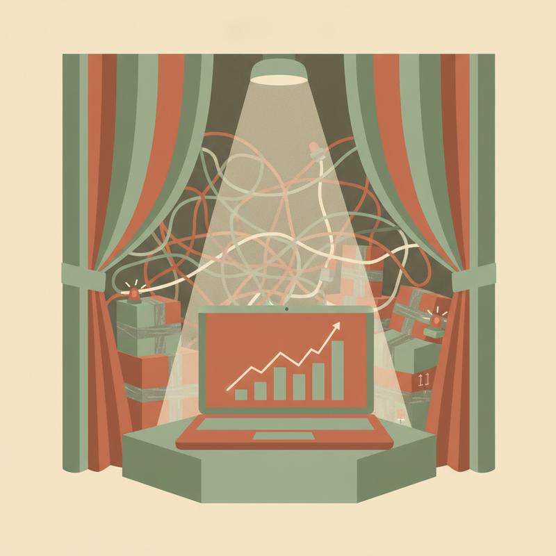 Illustration of a laptop on a spotlit stage showing a perfect rising chart, with a tangle of cables and blinking warning lights hidden behind the curtain