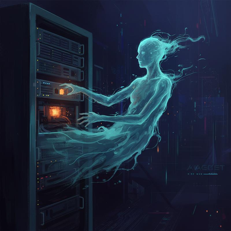 A ghostly AI silhouette emerging from a server rack reaching toward a network port