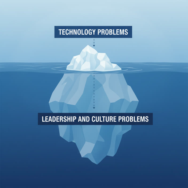An iceberg diagram showing Technology Problems above the waterline and Leadership and Culture Problems below