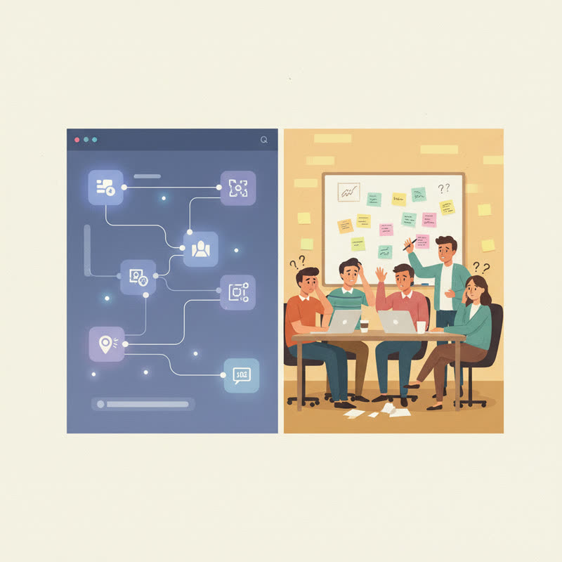 AI workflow interface contrasted with a confused team brainstorming at a whiteboard
