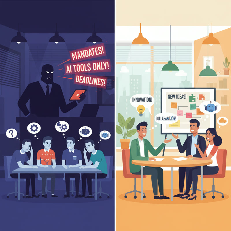 Two contrasting leadership approaches: top-down AI mandates versus collaborative team adoption