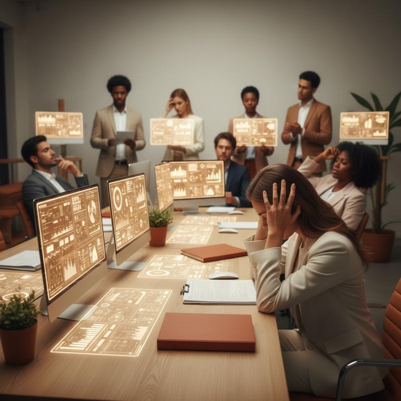 A frustrated leader surrounded by AI dashboards while the team looks disconnected