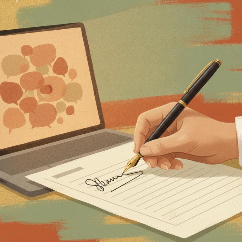 A hand signs a printed document beside a laptop glowing with abstract chat bubbles