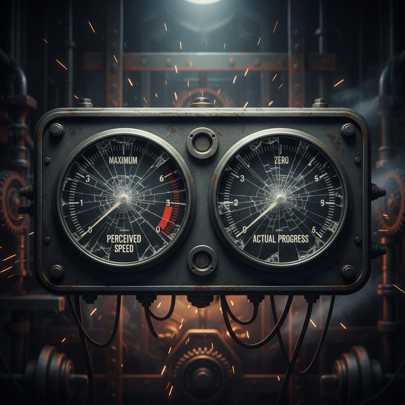 A cracked dashboard with two gauges: one for perceived speed at maximum, one for actual progress near zero