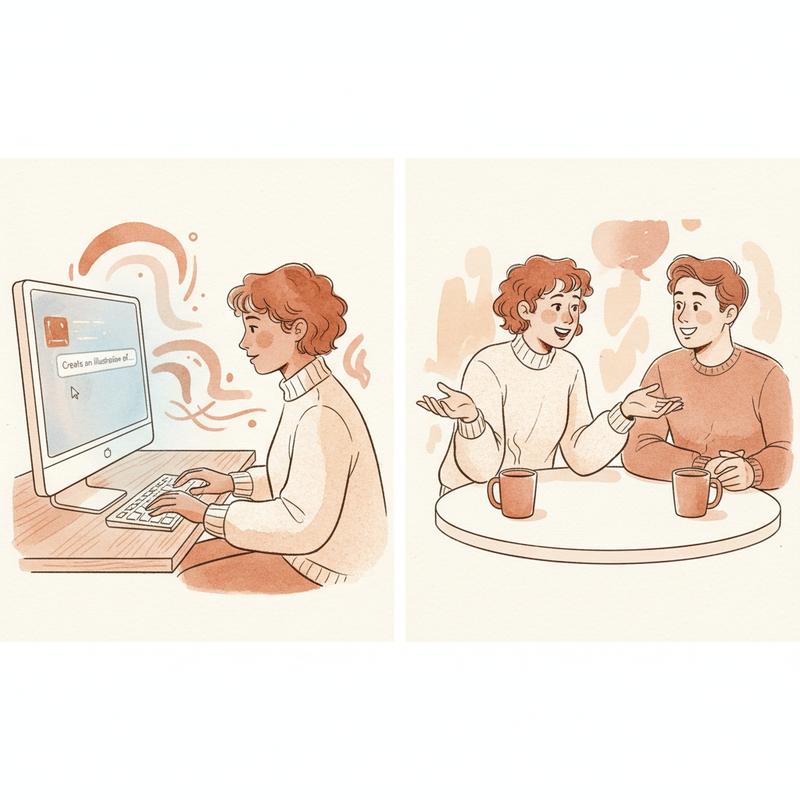 A person prompting AI on the left, the same person in an engaged conversation with a colleague on the right