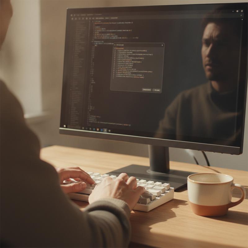 Close-up of a developer's hands on a keyboard, an AI code suggestion visible on the reflected monitor, expression uncertain