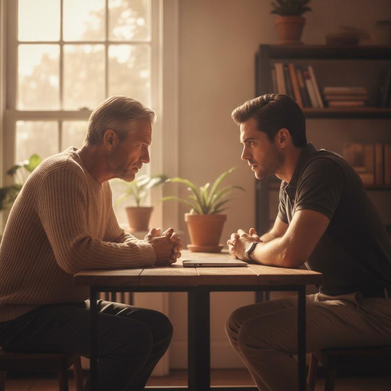 An experienced mentor and a younger tech leader in serious conversation across a table, laptop closed between them