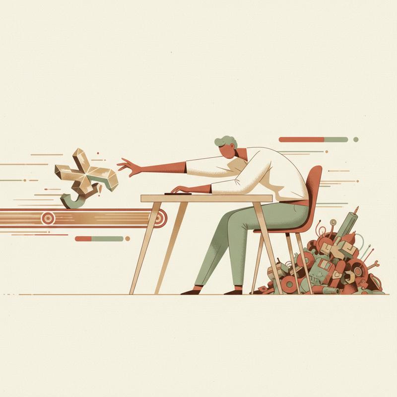 A developer reaches for a shiny new tool on a fast-moving conveyor belt while a pile of discarded older tools stacks up behind them