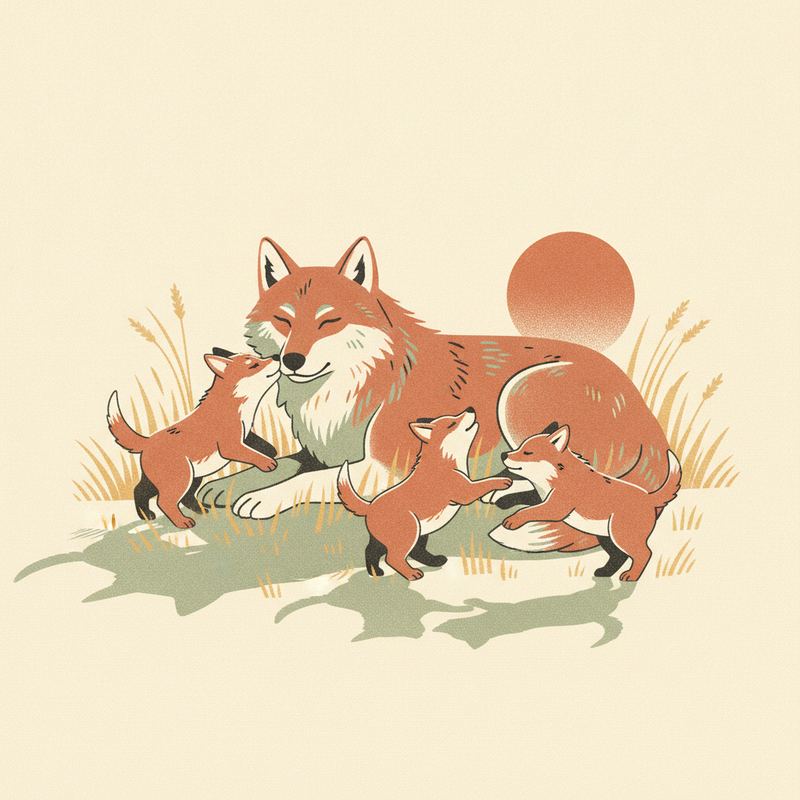 Illustration of a calm adult wolf resting in dry grass while three young wolves play nearby in late afternoon light
