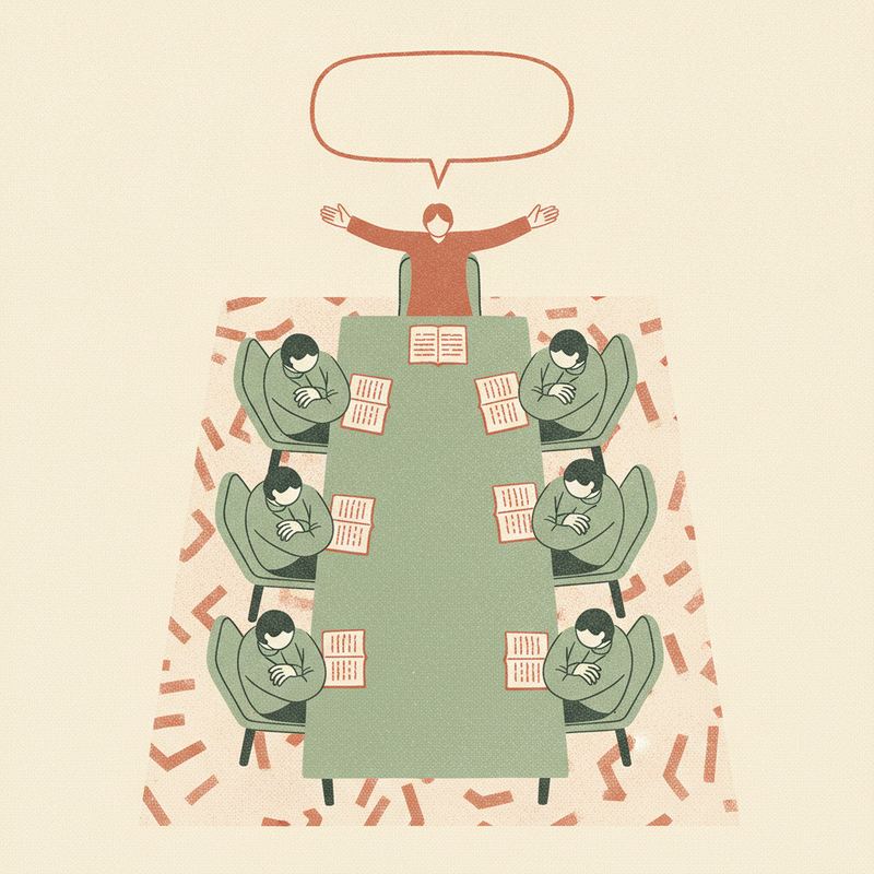 Overhead illustration of a meeting room where one figure stands gesturing with an empty speech bubble while six colleagues sit silent with folded arms