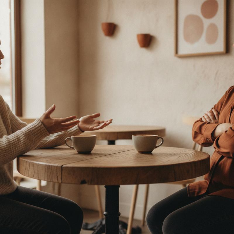 Two coffee cups on a cafe table, one person leaning in with open hands, the other sitting back with arms folded
