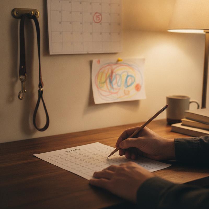 A man's hand holds a pencil over a blank values worksheet on a desk, with a wall calendar showing one circled date, a dog lead on a hook and a child's crayon drawing pinned up behind