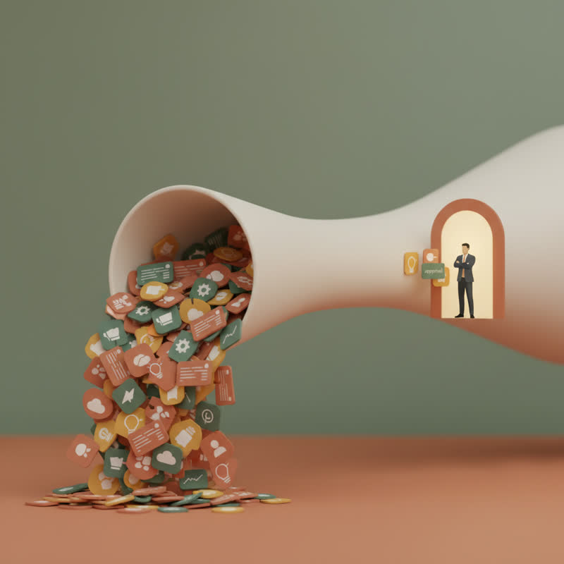 An approval bottleneck funnel with tasks queued behind a narrow gate