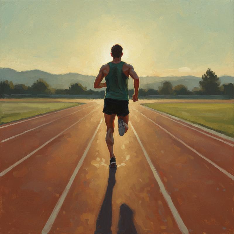 A lone athlete running on an empty track at dawn, seen from behind, mid-stride