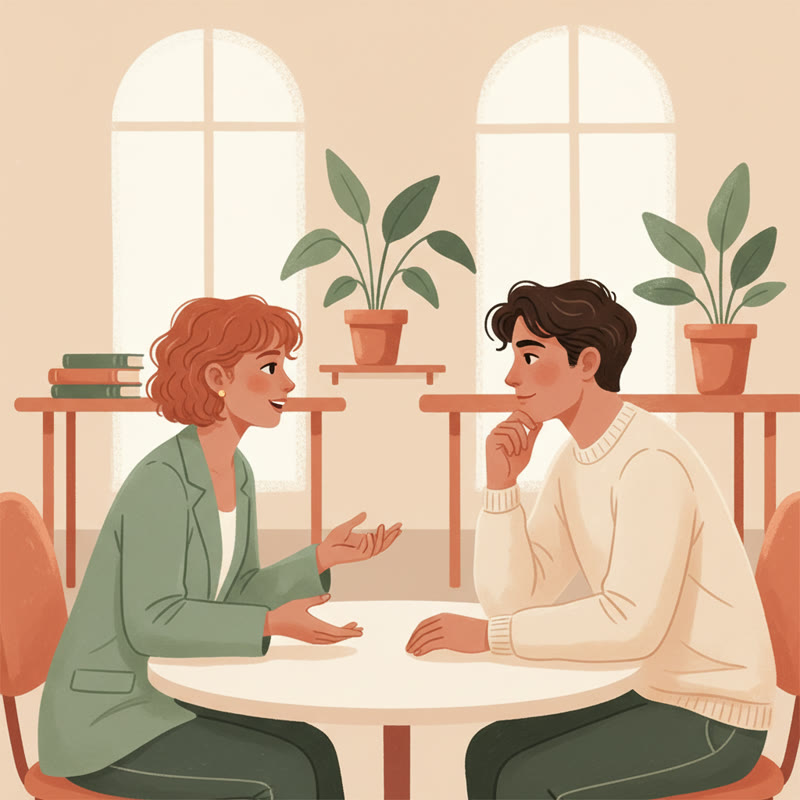 Two professionals in direct, honest conversation, eye contact, editorial illustration in warm tones