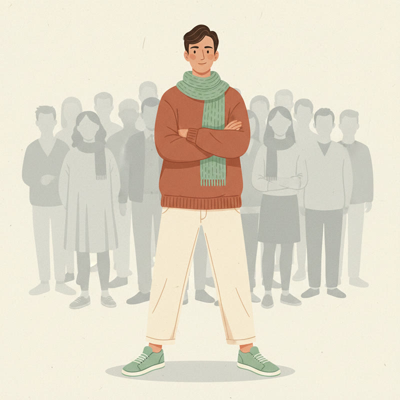 A person standing apart from a blurred crowd, confident posture, editorial illustration