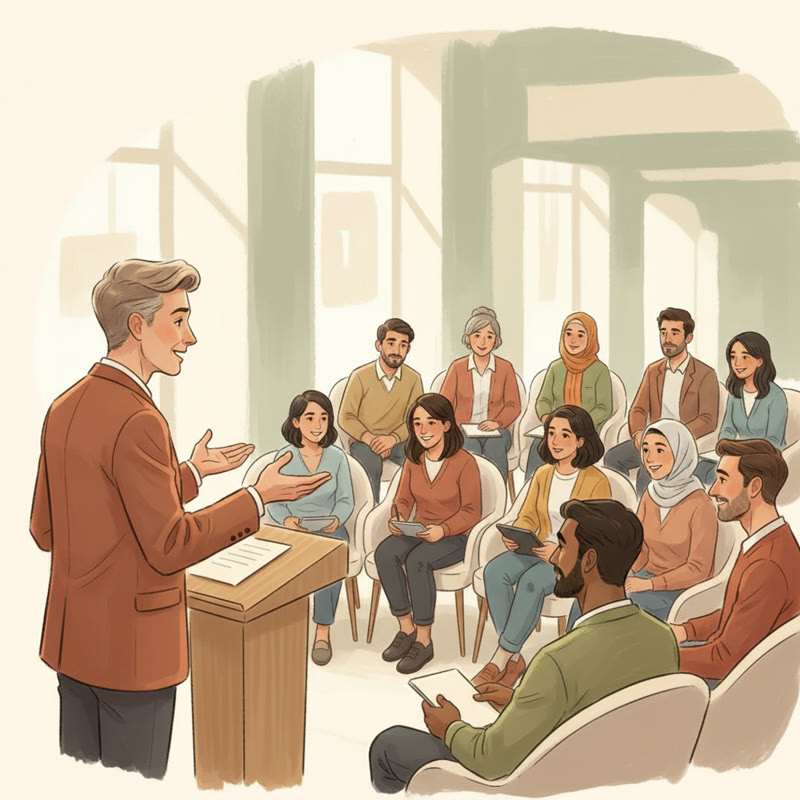 A leader speaking plainly to an engaged, diverse team leaning forward, editorial illustration