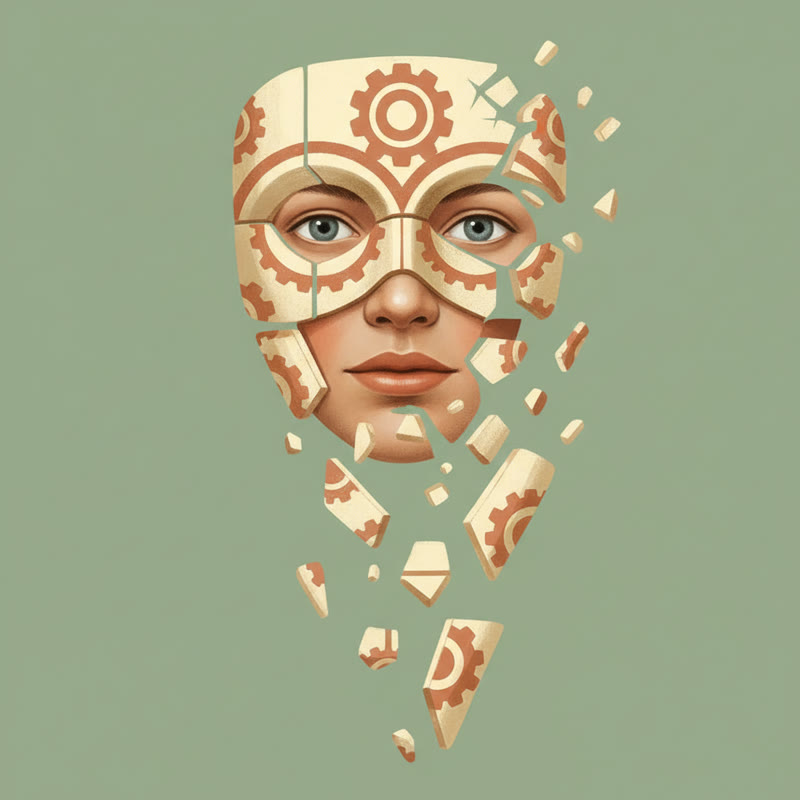 A corporate mask cracking and falling away to reveal a real face beneath, editorial illustration