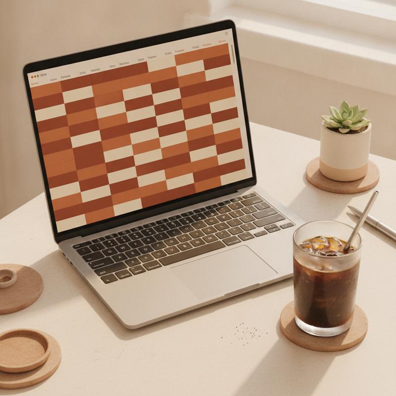 A packed work calendar on a laptop screen with back-to-back meeting blocks and no gaps, iced coffee on the desk beside it