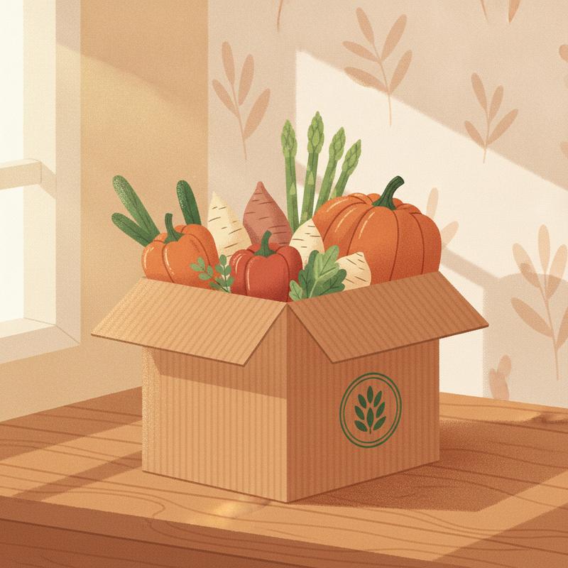 A cardboard meal-kit box full of vegetables on a kitchen counter, with a round green certification seal printed on the side
