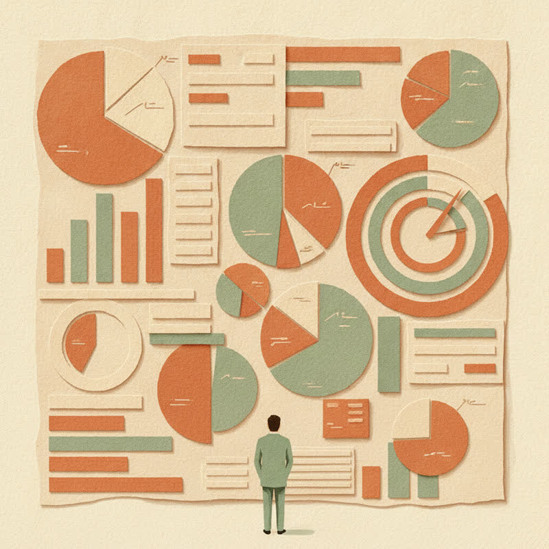 Illustration of an employee standing alone in front of a wall of charts and percentage dials about workforce numbers