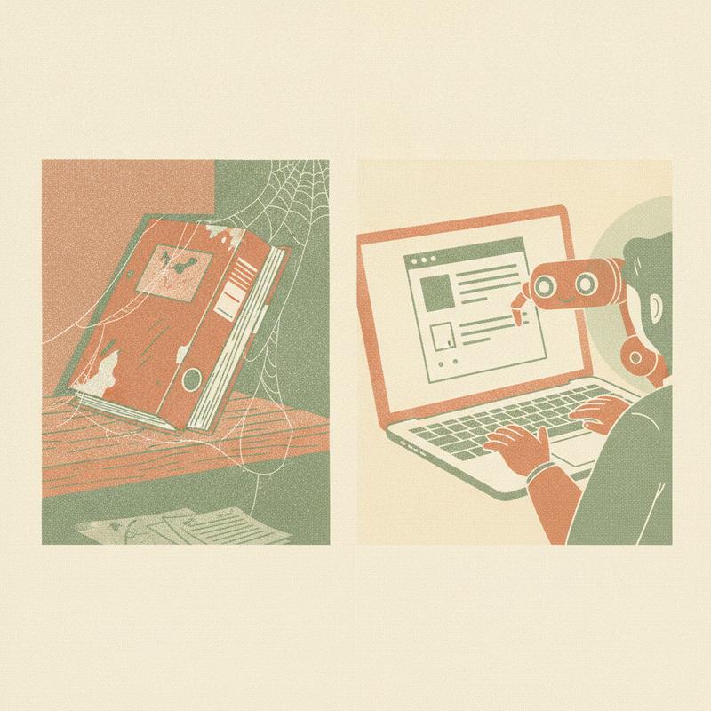 Split image contrasting a dusty forgotten binder with a clean living markdown document read by both a person and a robot