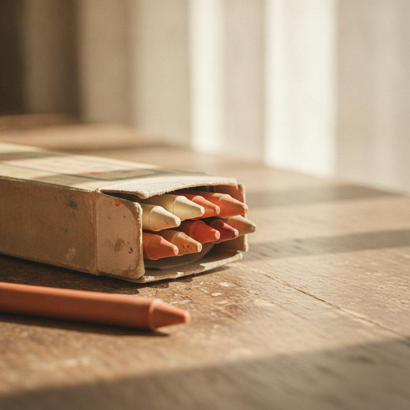 A worn box of wax crayons on a wooden desk with one blunt terracotta crayon lying apart from the rest