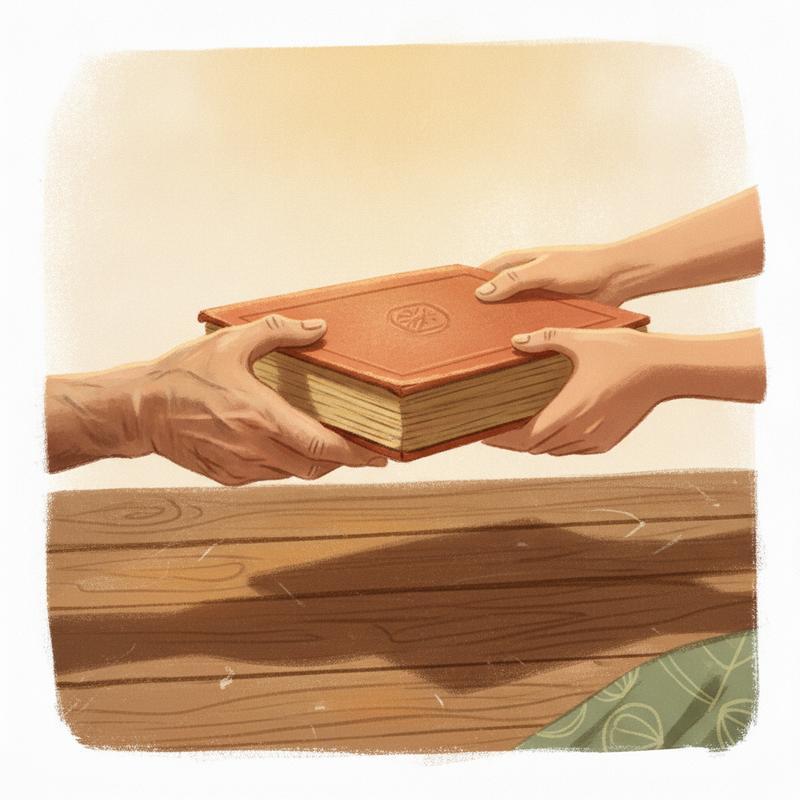 Older weathered hands passing a worn hardback book to younger hands across a wooden table