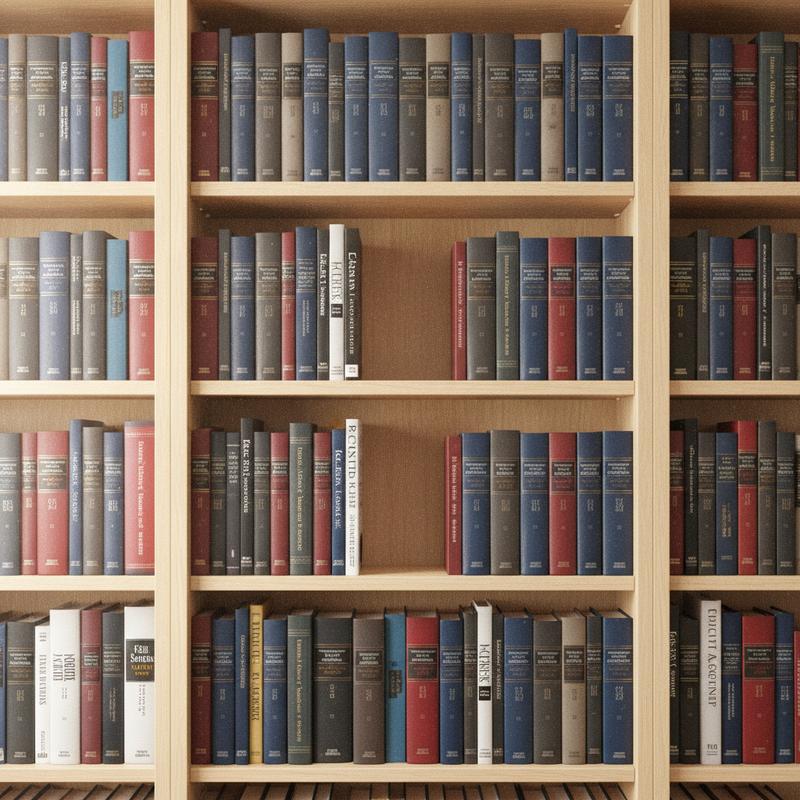 A crowded office bookshelf of pristine business books with one conspicuous empty gap where a book has been taken out