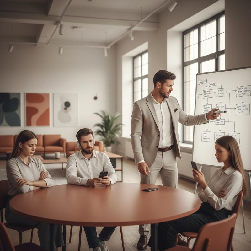Disengaged employees sit around a table while a dominant manager stands at a whiteboard, conveying workplace dysfunction