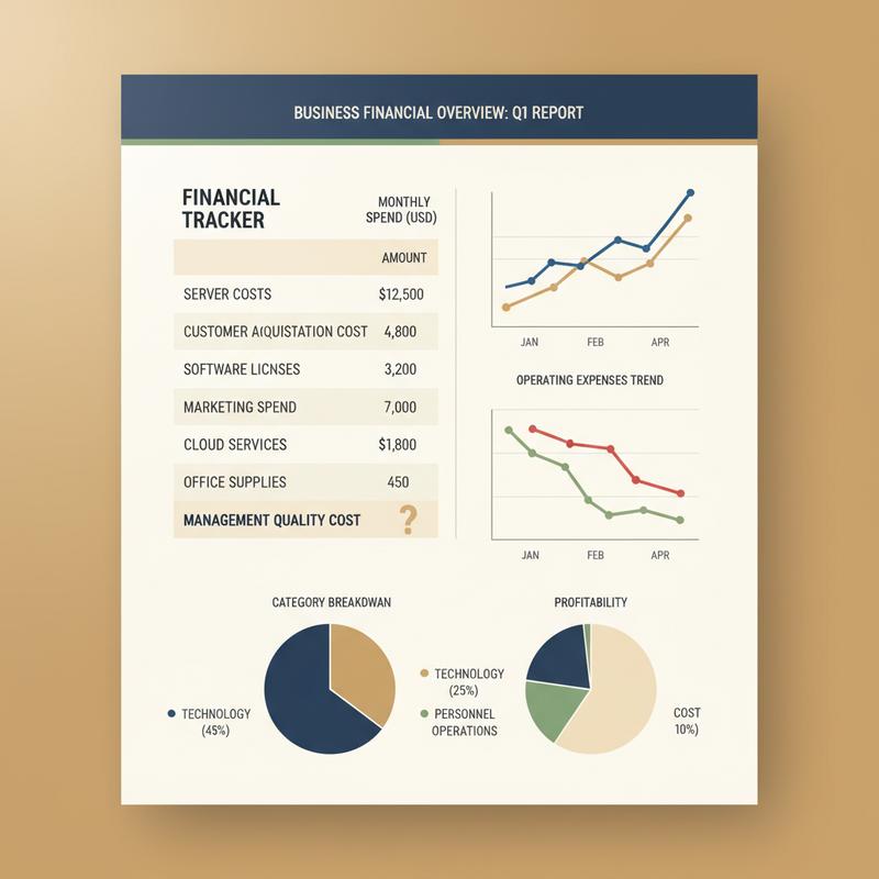 A financial dashboard showing all business costs tracked meticulously, with management quality cost conspicuously empty