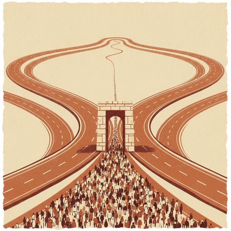 Aerial illustration of many wide roads funnelling into one narrow gate with figures backed up waiting