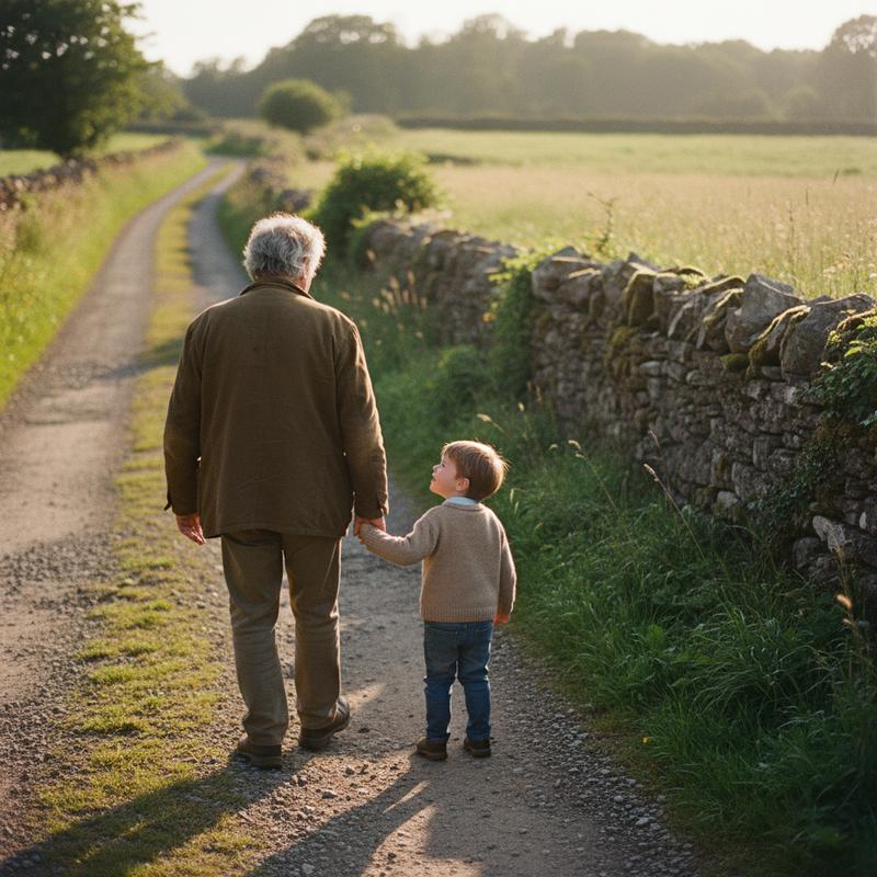 A grandfather and grandson walking down a country lane in golden light