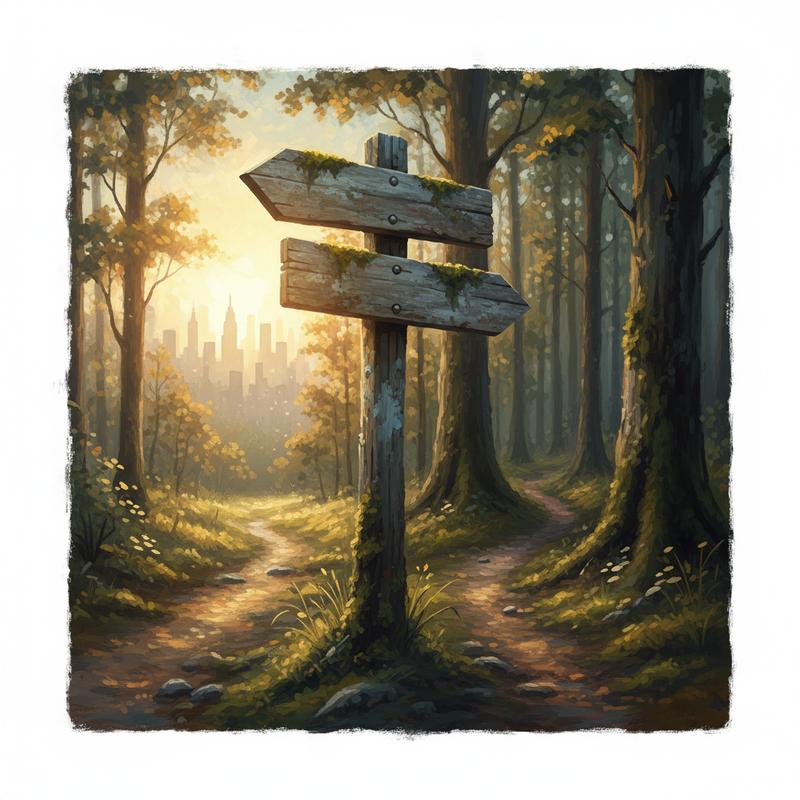 A weathered signpost at a fork in the path, one direction toward a city, the other into the woods