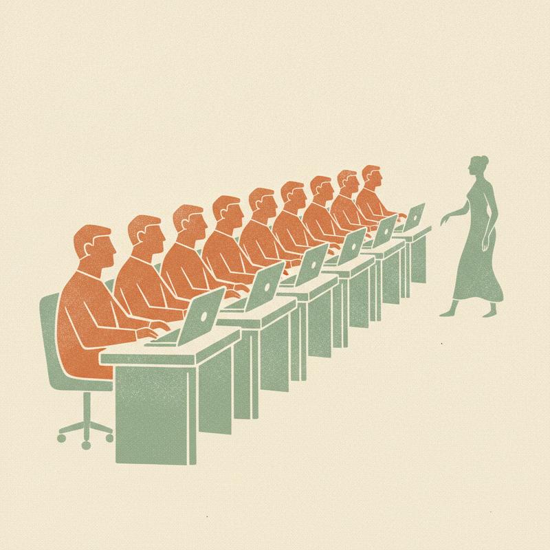 A long row of nearly identical engineers at identical desks, with one different figure standing apart and facing the other way
