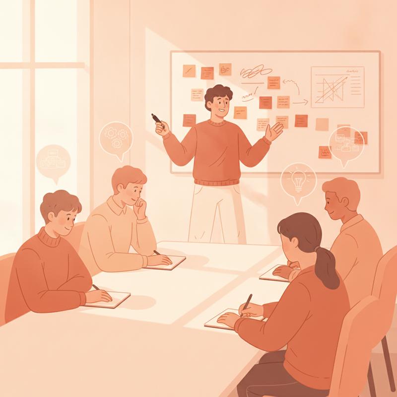 A software team in a meeting room where one person talks at the whiteboard while colleagues sit with unspoken ideas above their heads