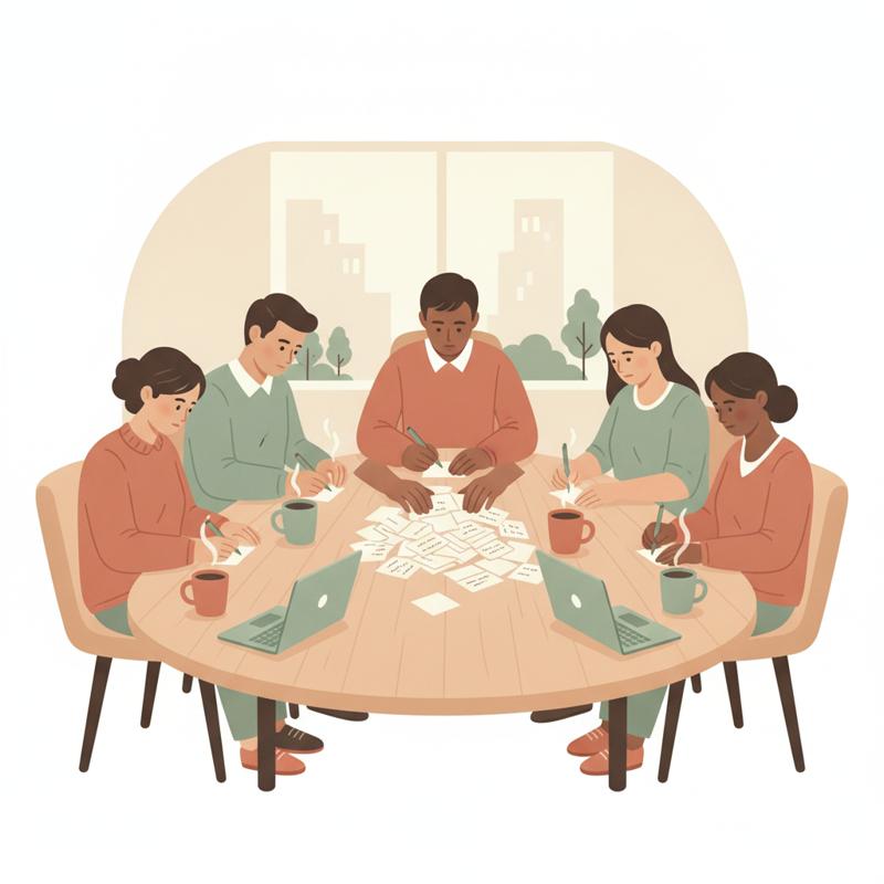 A team sits around a table quietly writing ideas on index cards and passing them into a pile in the middle