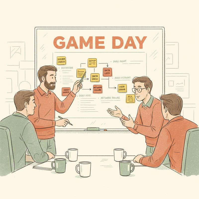 A group of engineers around a whiteboard labelled GAME DAY mapping out failure scenarios on sticky notes