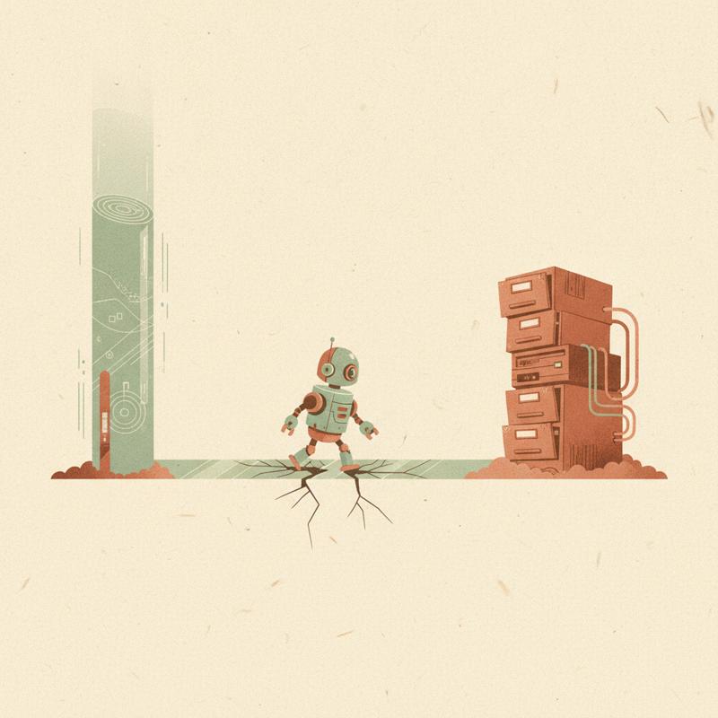 A cracked glass footbridge between a modern cloud server tower and a dusty old office computer, with a small robot walking across it