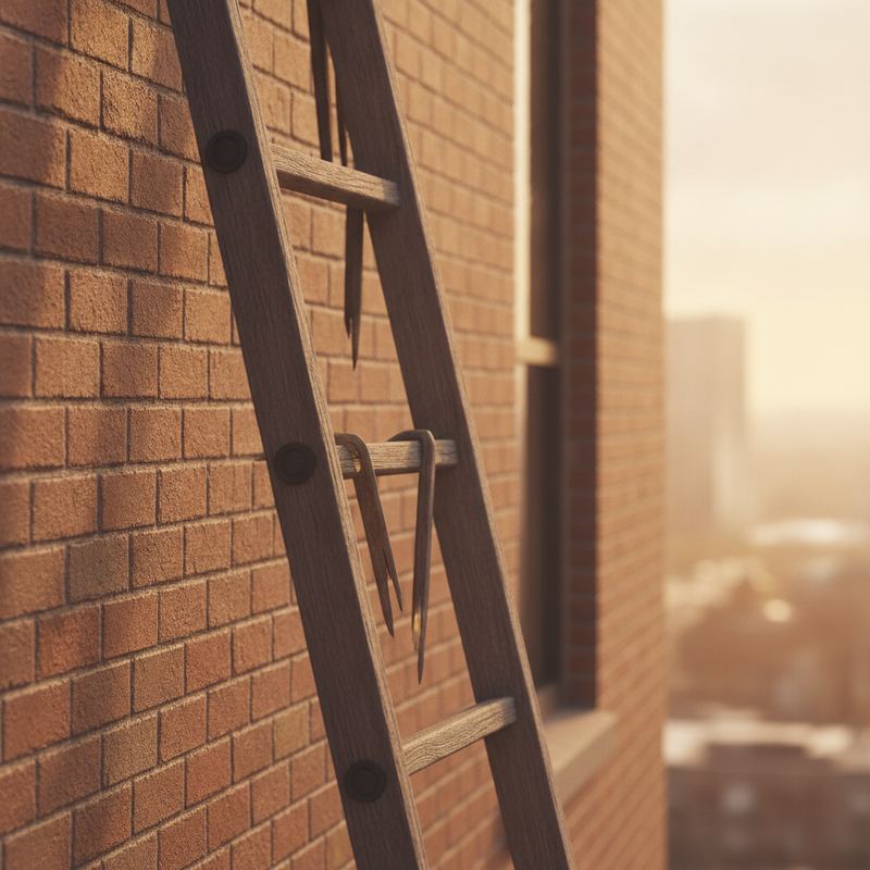 A wooden ladder with broken bottom rungs leaning against a brick building at dawn