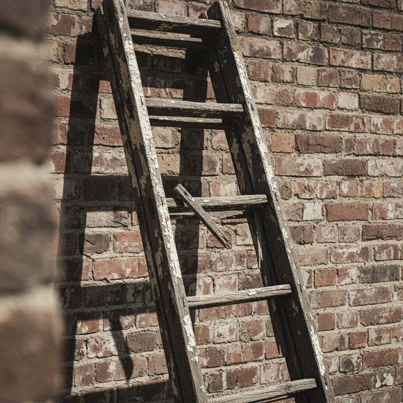 A weathered wooden ladder with broken rungs leaning against a wall