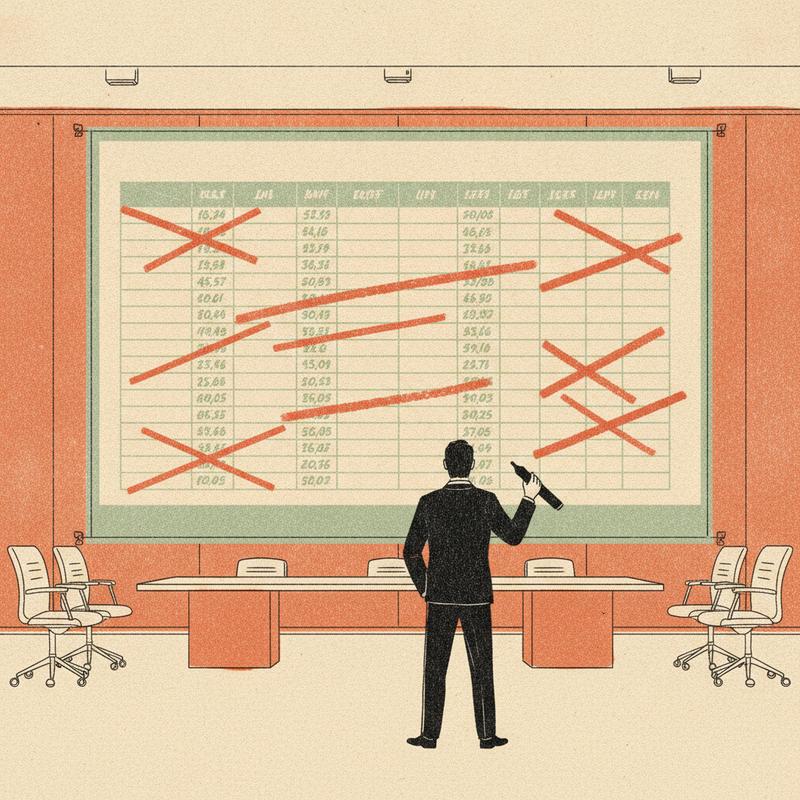 A lone executive slashing red lines through rows of a projected budget spreadsheet in an otherwise empty boardroom